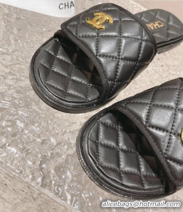 Unique Style Chanel Quilted Leather Foldover Flat Slide Sandals Black 525023