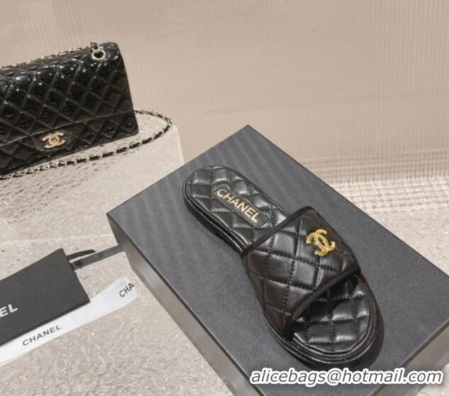 Unique Style Chanel Quilted Leather Foldover Flat Slide Sandals Black 525023