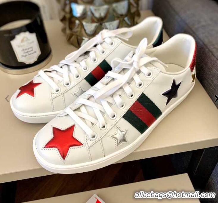 Best Grade Gucci GG Ace Stars Embroidered Leather Low Top Sneakers G74120 White