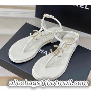 Good Product Chanel Lambskin Flat Thong Sandals with Crystal CC G39728 White 525024