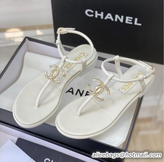 Good Product Chanel Lambskin Flat Thong Sandals with Crystal CC G39728 White 525024