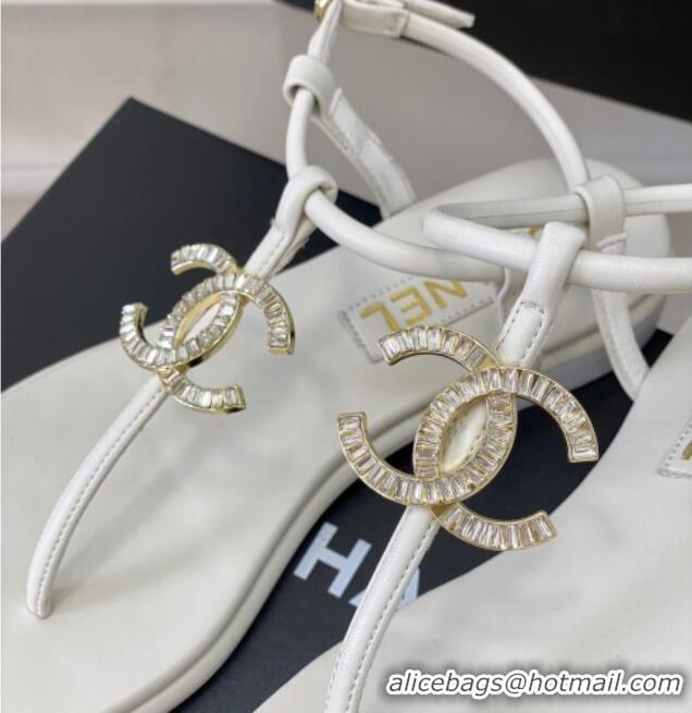 Good Product Chanel Lambskin Flat Thong Sandals with Crystal CC G39728 White 525024