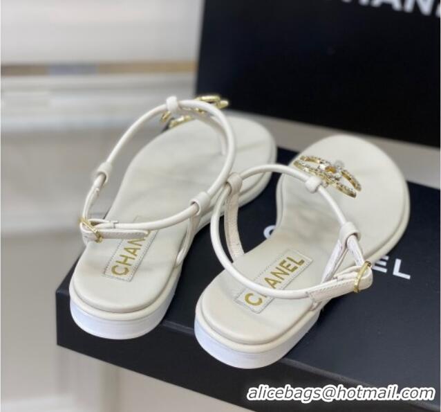 Good Product Chanel Lambskin Flat Thong Sandals with Crystal CC G39728 White 525024