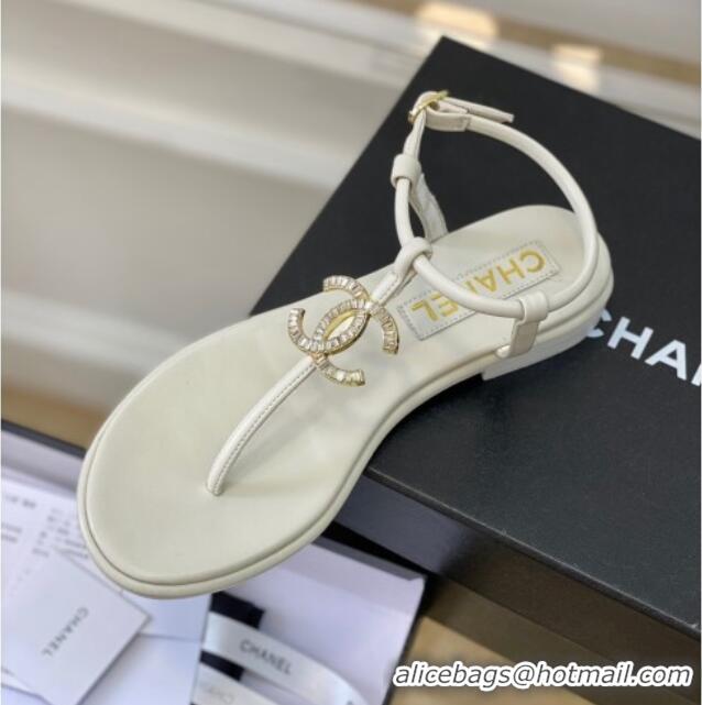 Good Product Chanel Lambskin Flat Thong Sandals with Crystal CC G39728 White 525024