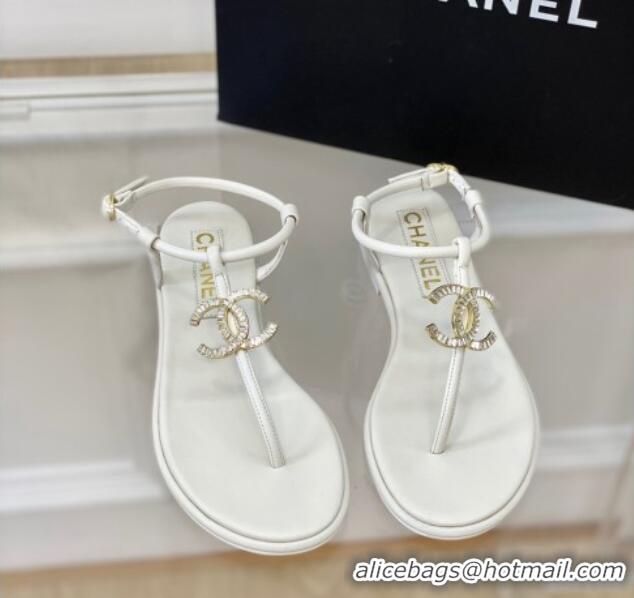 Good Product Chanel Lambskin Flat Thong Sandals with Crystal CC G39728 White 525024