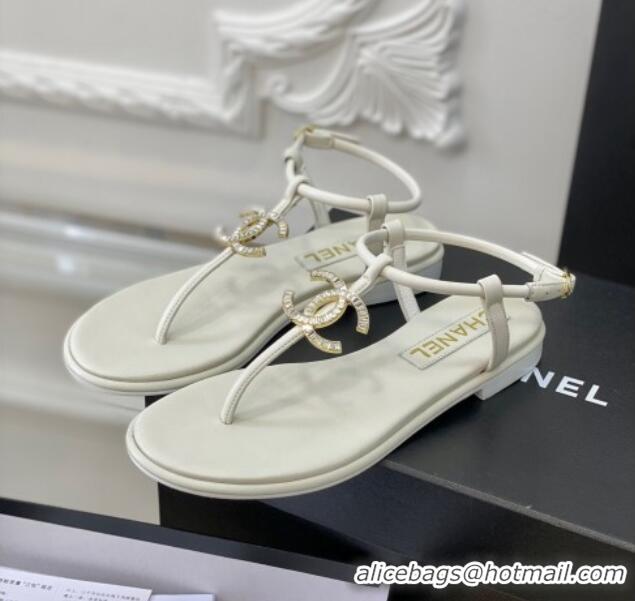 Good Product Chanel Lambskin Flat Thong Sandals with Crystal CC G39728 White 525024