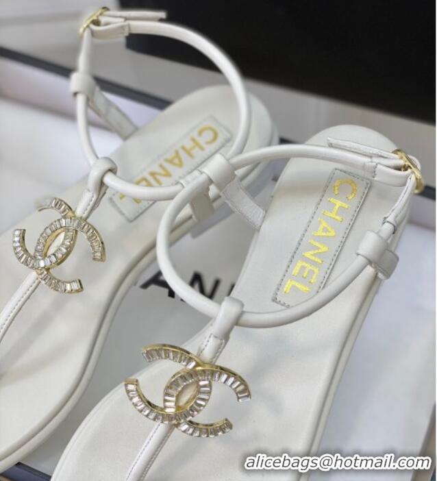 Good Product Chanel Lambskin Flat Thong Sandals with Crystal CC G39728 White 525024