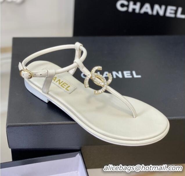 Good Product Chanel Lambskin Flat Thong Sandals with Crystal CC G39728 White 525024