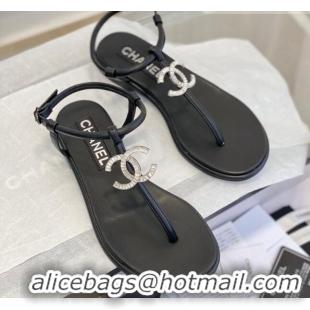 Luxurious Chanel Lambskin Flat Thong Sandals with Crystal CC G39728 Black 525025