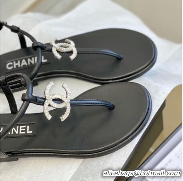 Luxurious Chanel Lambskin Flat Thong Sandals with Crystal CC G39728 Black 525025