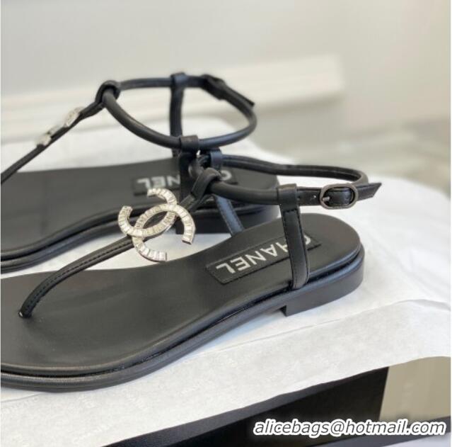 Luxurious Chanel Lambskin Flat Thong Sandals with Crystal CC G39728 Black 525025