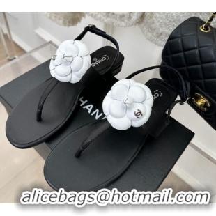 Top Design Chanel Calfskin Flat Thong Sandals with Camellia Bloom Black/White 525026