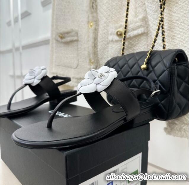 Top Design Chanel Calfskin Flat Thong Sandals with Camellia Bloom Black/White 525026