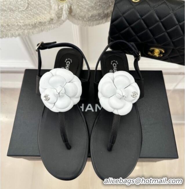 Top Design Chanel Calfskin Flat Thong Sandals with Camellia Bloom Black/White 525026