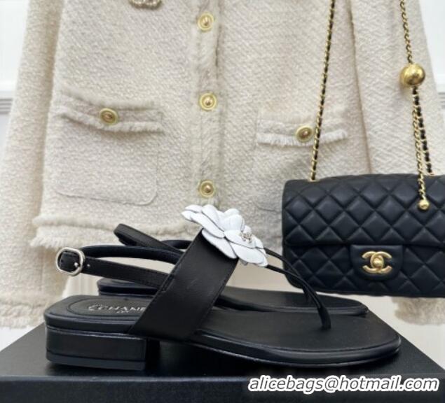 Top Design Chanel Calfskin Flat Thong Sandals with Camellia Bloom Black/White 525026