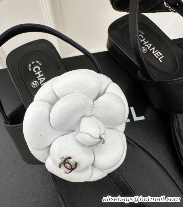 Top Design Chanel Calfskin Flat Thong Sandals with Camellia Bloom Black/White 525026