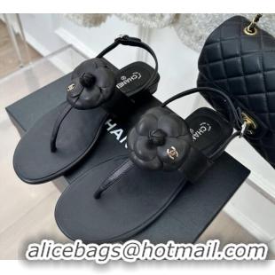 Durable Chanel Calfskin Flat Thong Sandals with Camellia Bloom Black 525027