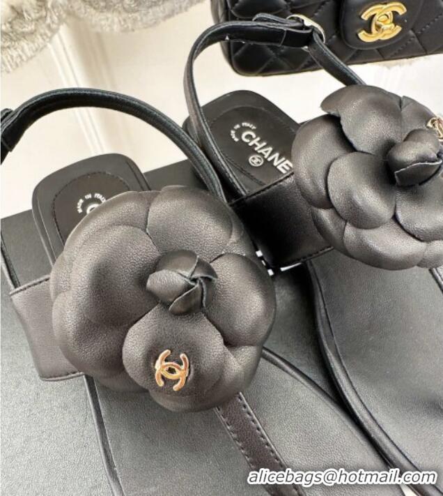 Durable Chanel Calfskin Flat Thong Sandals with Camellia Bloom Black 525027