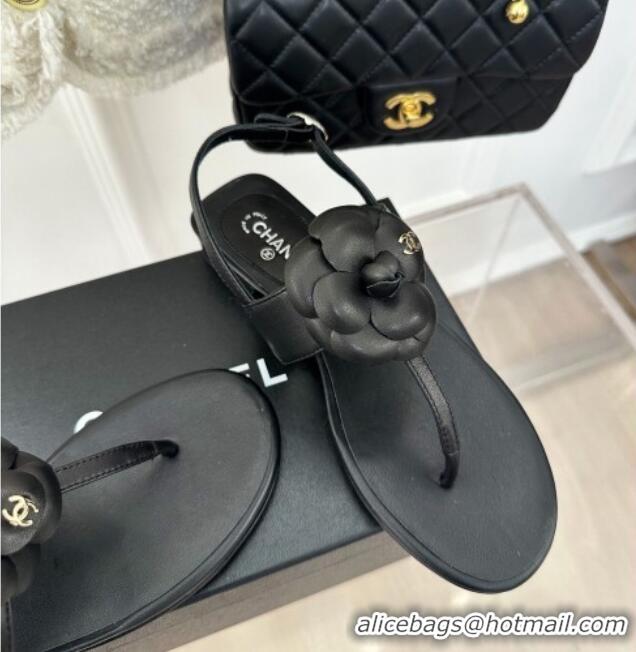 Durable Chanel Calfskin Flat Thong Sandals with Camellia Bloom Black 525027