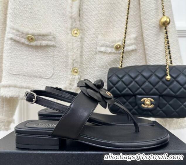 Durable Chanel Calfskin Flat Thong Sandals with Camellia Bloom Black 525027