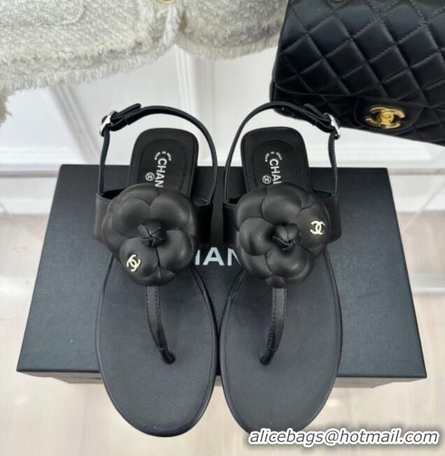 Durable Chanel Calfskin Flat Thong Sandals with Camellia Bloom Black 525027