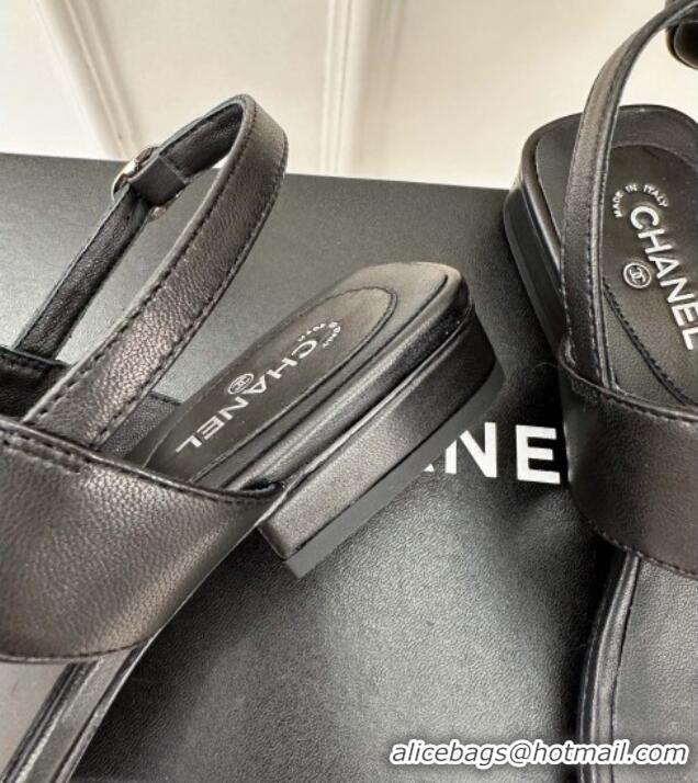 Durable Chanel Calfskin Flat Thong Sandals with Camellia Bloom Black 525027