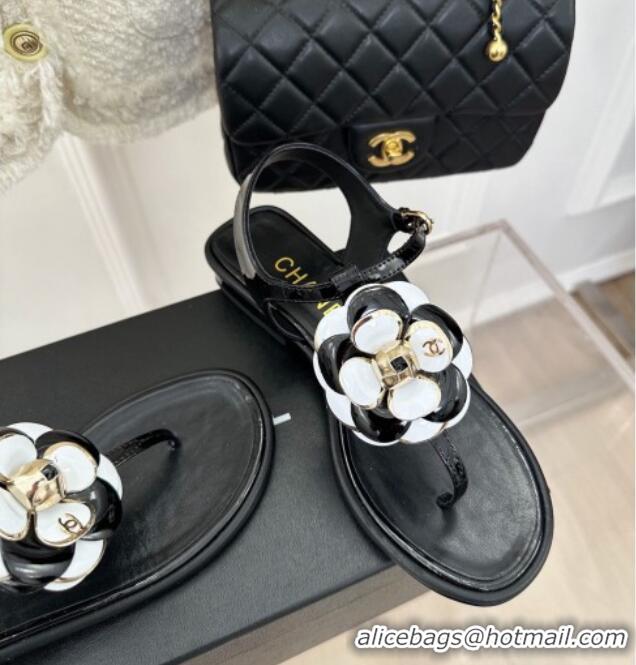 Popular Style Chanel Patent Leather Flat Thong Sandals with Camellia Bloom Black/White 525028