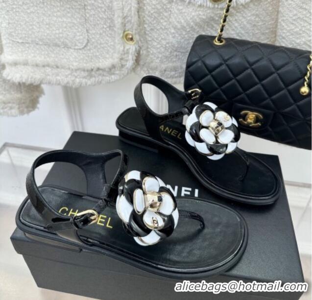 Popular Style Chanel Patent Leather Flat Thong Sandals with Camellia Bloom Black/White 525028