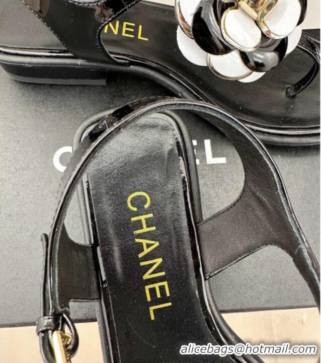 Popular Style Chanel Patent Leather Flat Thong Sandals with Camellia Bloom Black/White 525028