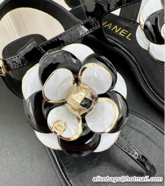 Popular Style Chanel Patent Leather Flat Thong Sandals with Camellia Bloom Black/White 525028