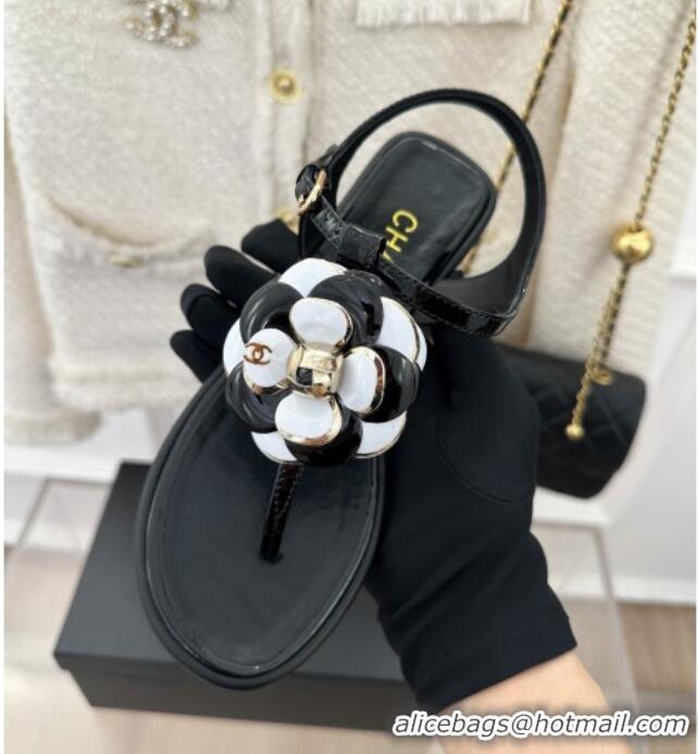 Popular Style Chanel Patent Leather Flat Thong Sandals with Camellia Bloom Black/White 525028