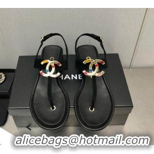 Pretty Style Chanel Velvet Flat Thong Sandals with Stone CC Black 525031