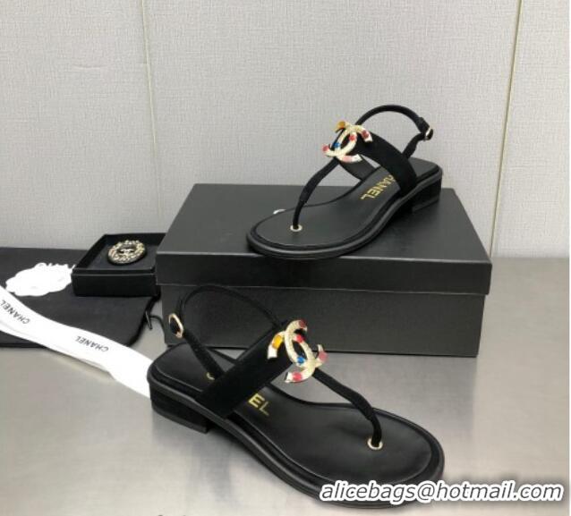 Pretty Style Chanel Velvet Flat Thong Sandals with Stone CC Black 525031