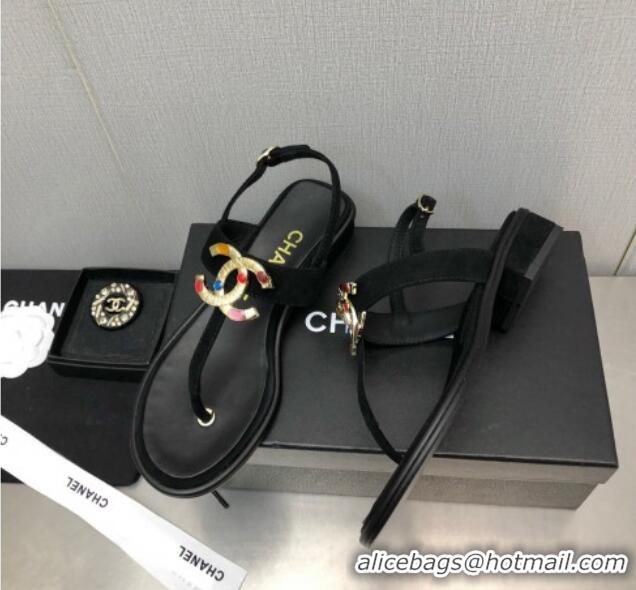 Pretty Style Chanel Velvet Flat Thong Sandals with Stone CC Black 525031