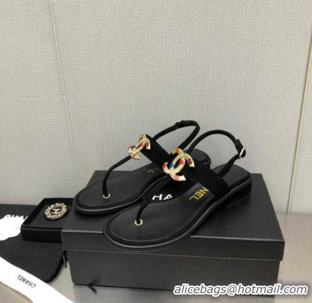 Pretty Style Chanel Velvet Flat Thong Sandals with Stone CC Black 525031