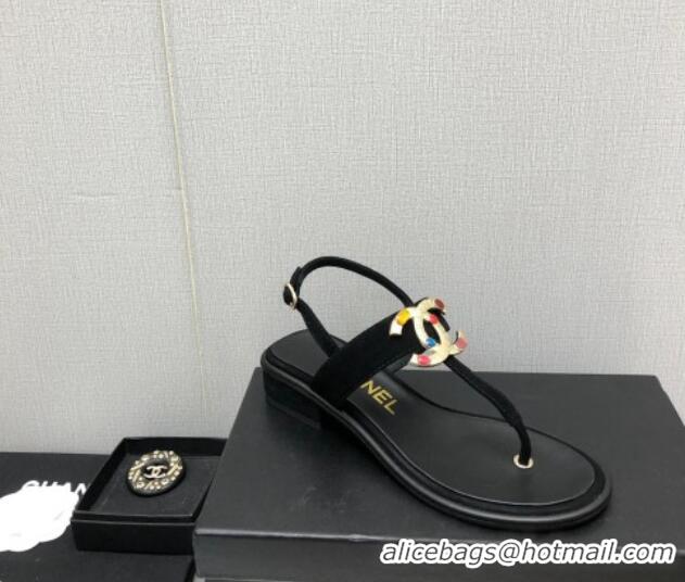 Pretty Style Chanel Velvet Flat Thong Sandals with Stone CC Black 525031