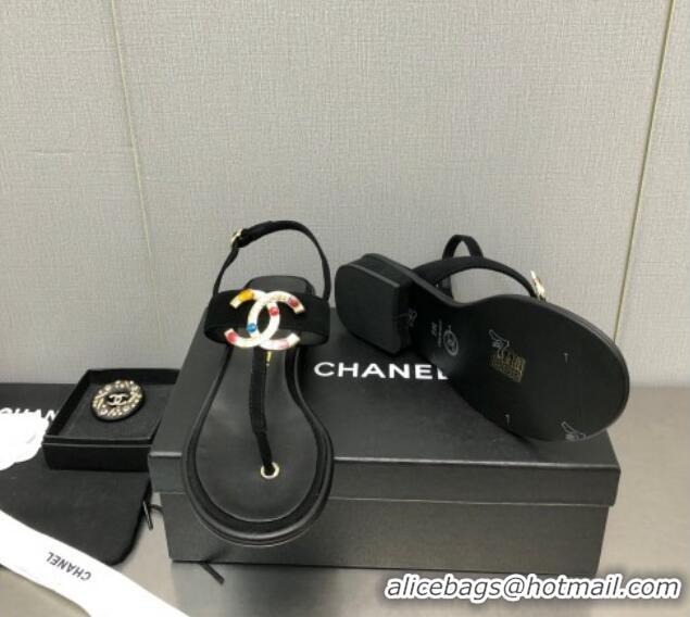 Pretty Style Chanel Velvet Flat Thong Sandals with Stone CC Black 525031