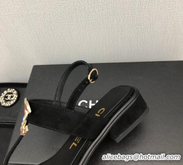 Pretty Style Chanel Velvet Flat Thong Sandals with Stone CC Black 525031