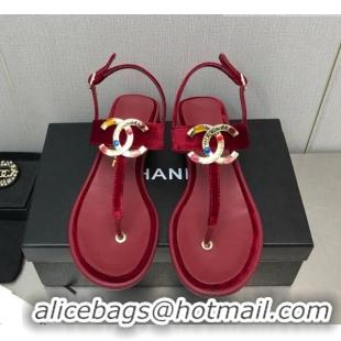 Discount Chanel Velvet Flat Thong Sandals with Stone CC Burgundy 525032