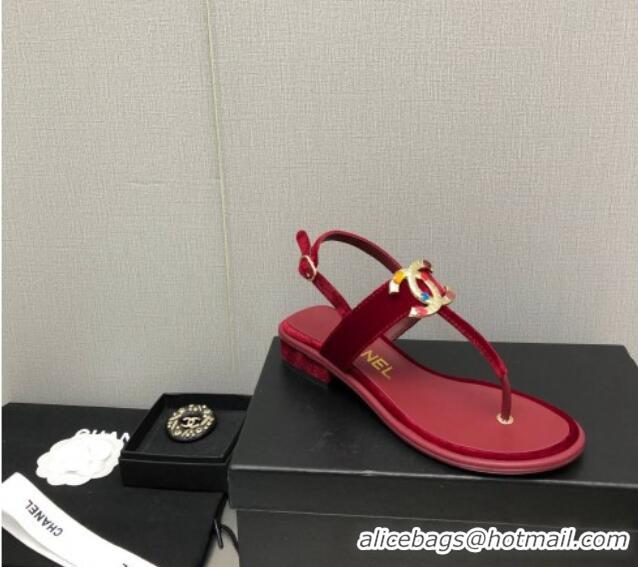 Discount Chanel Velvet Flat Thong Sandals with Stone CC Burgundy 525032