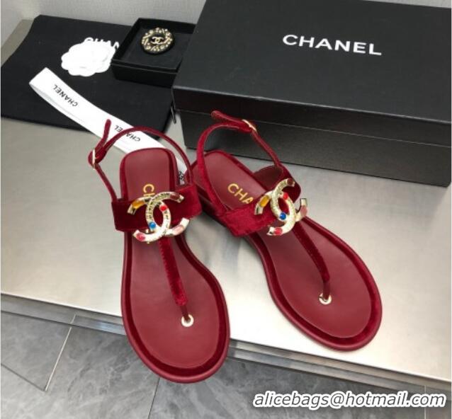 Discount Chanel Velvet Flat Thong Sandals with Stone CC Burgundy 525032