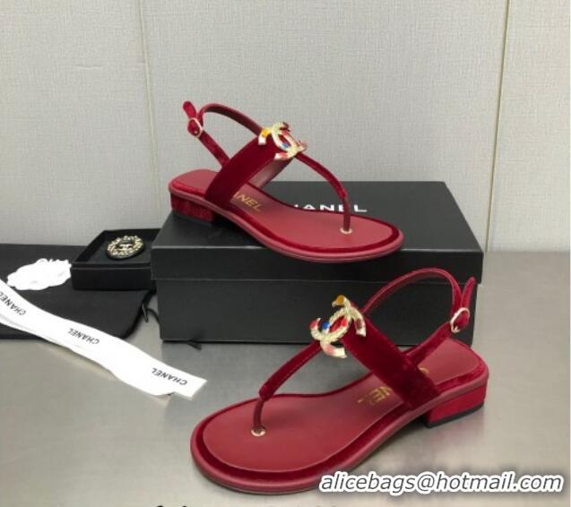 Discount Chanel Velvet Flat Thong Sandals with Stone CC Burgundy 525032