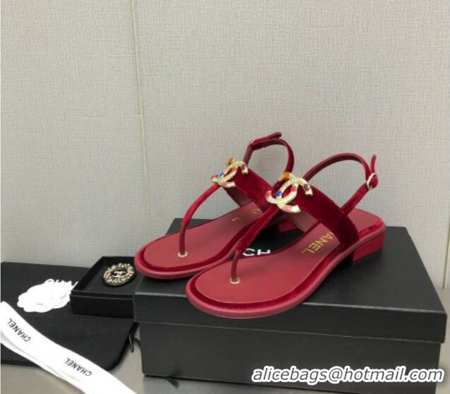 Discount Chanel Velvet Flat Thong Sandals with Stone CC Burgundy 525032