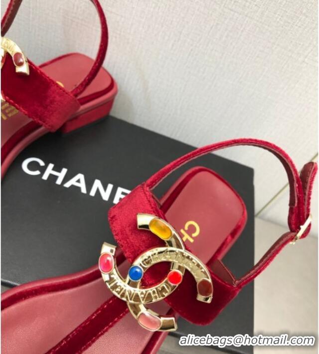 Discount Chanel Velvet Flat Thong Sandals with Stone CC Burgundy 525032