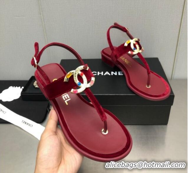 Discount Chanel Velvet Flat Thong Sandals with Stone CC Burgundy 525032