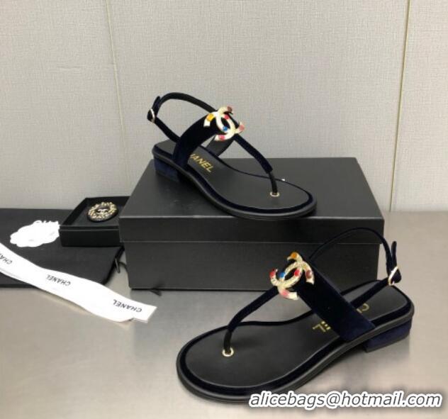 Low Price Chanel Velvet Flat Thong Sandals with Stone CC Navy Blue 525033