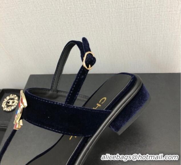 Low Price Chanel Velvet Flat Thong Sandals with Stone CC Navy Blue 525033