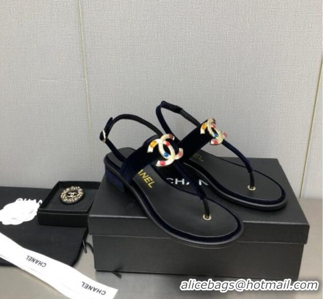 Low Price Chanel Velvet Flat Thong Sandals with Stone CC Navy Blue 525033