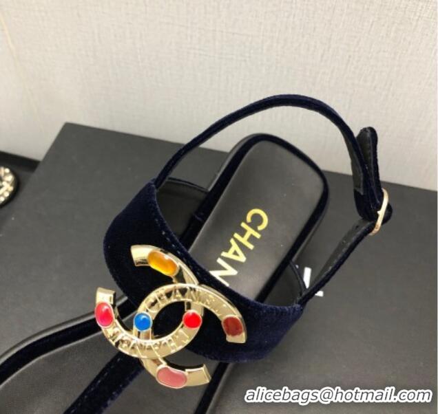 Low Price Chanel Velvet Flat Thong Sandals with Stone CC Navy Blue 525033