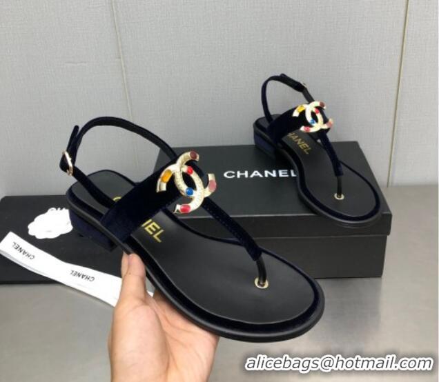 Low Price Chanel Velvet Flat Thong Sandals with Stone CC Navy Blue 525033